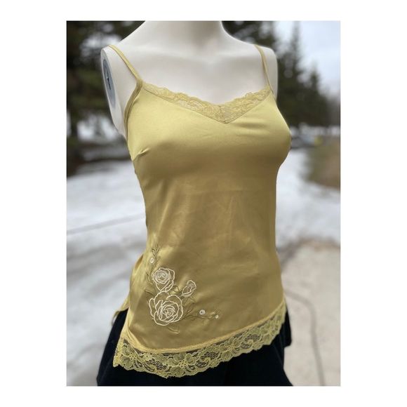 Y2K Le Chateau Gold Satin Camisole Lace Trim Floral Embroidery XXS - Picture 1 of 11